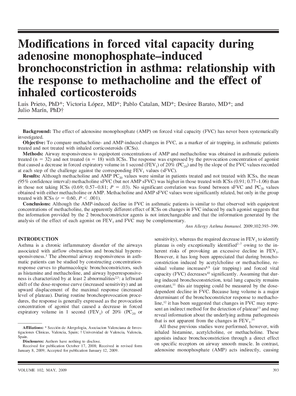 Modifications in forced vital capacity during adenosine monophosphate-induced bronchoconstriction in asthma: relationship with the response to methacholine and the effect of inhaled corticosteroids