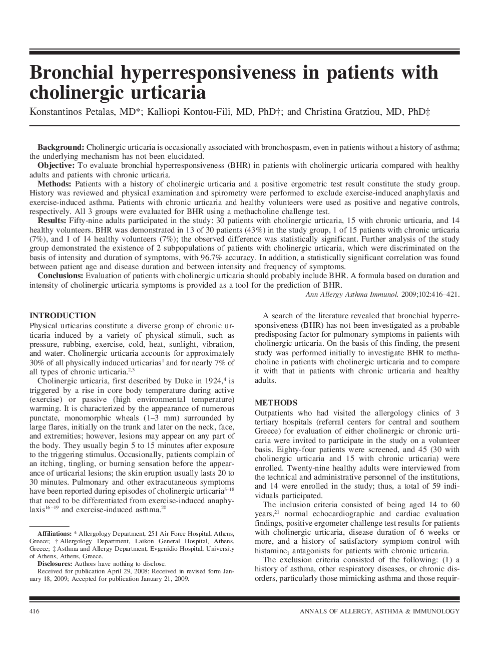 Bronchial hyperresponsiveness in patients with cholinergic urticaria
