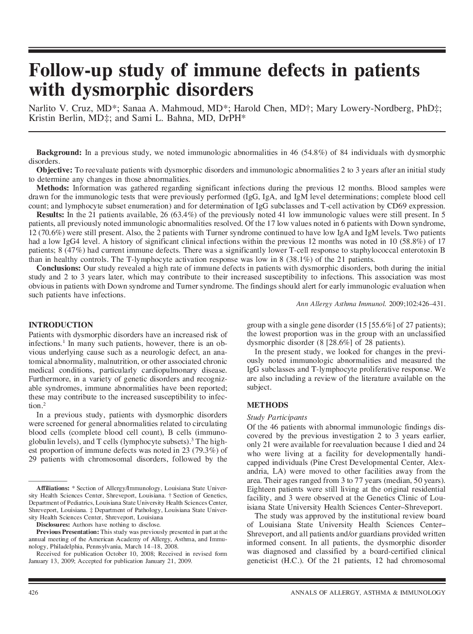 Follow-up study of immune defects in patients with dysmorphic disorders