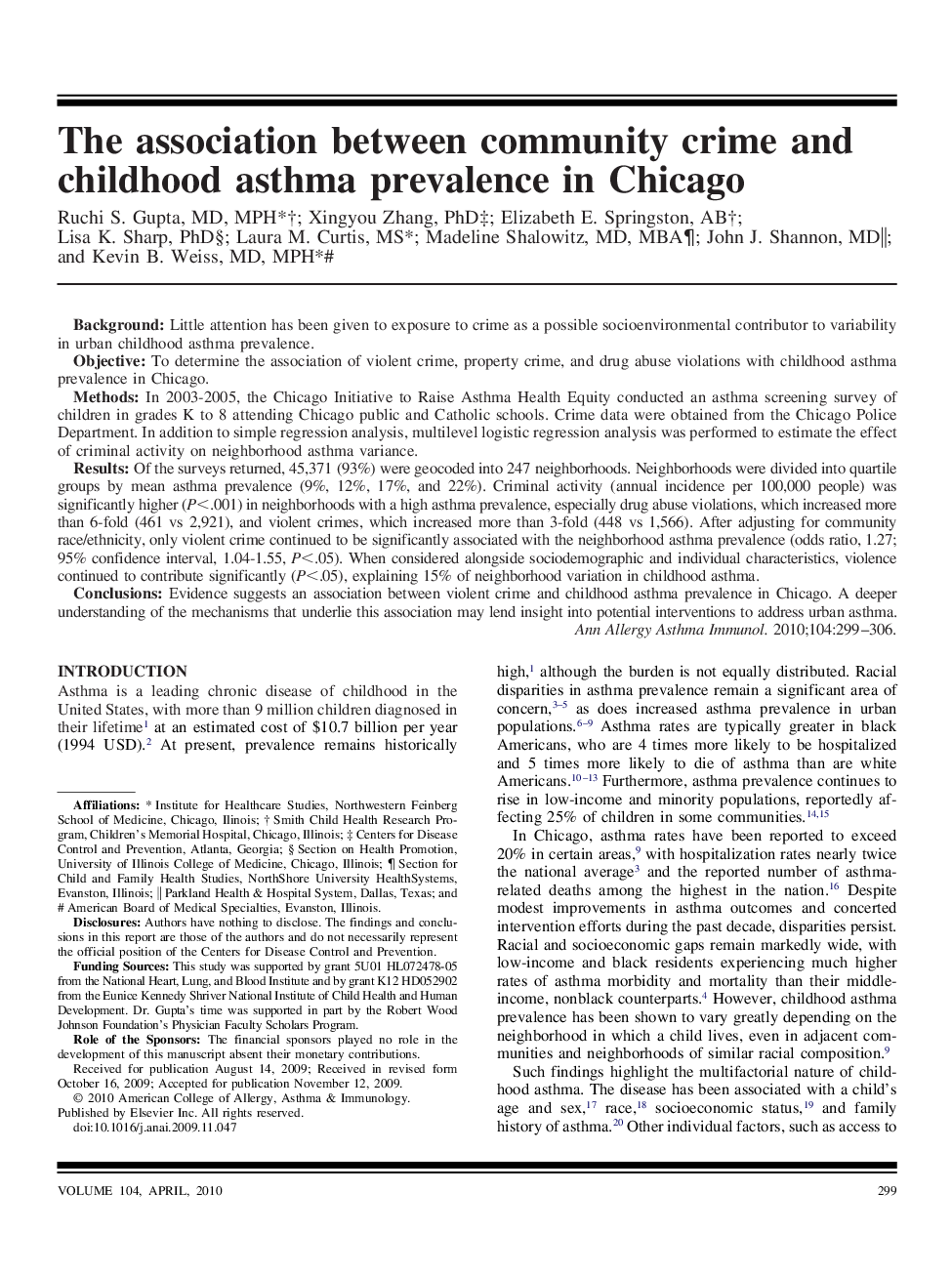 The association between community crime and childhood asthma prevalence in Chicago