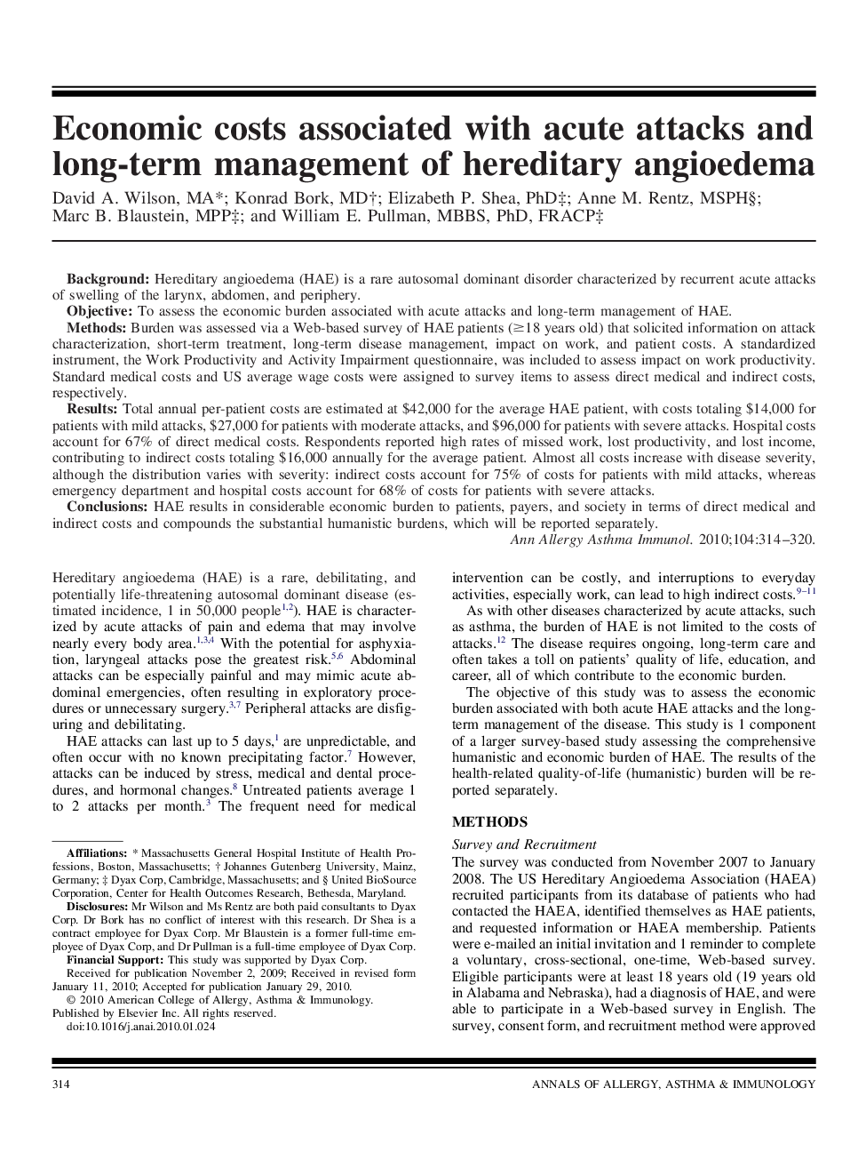 Economic costs associated with acute attacks and long-term management of hereditary angioedema