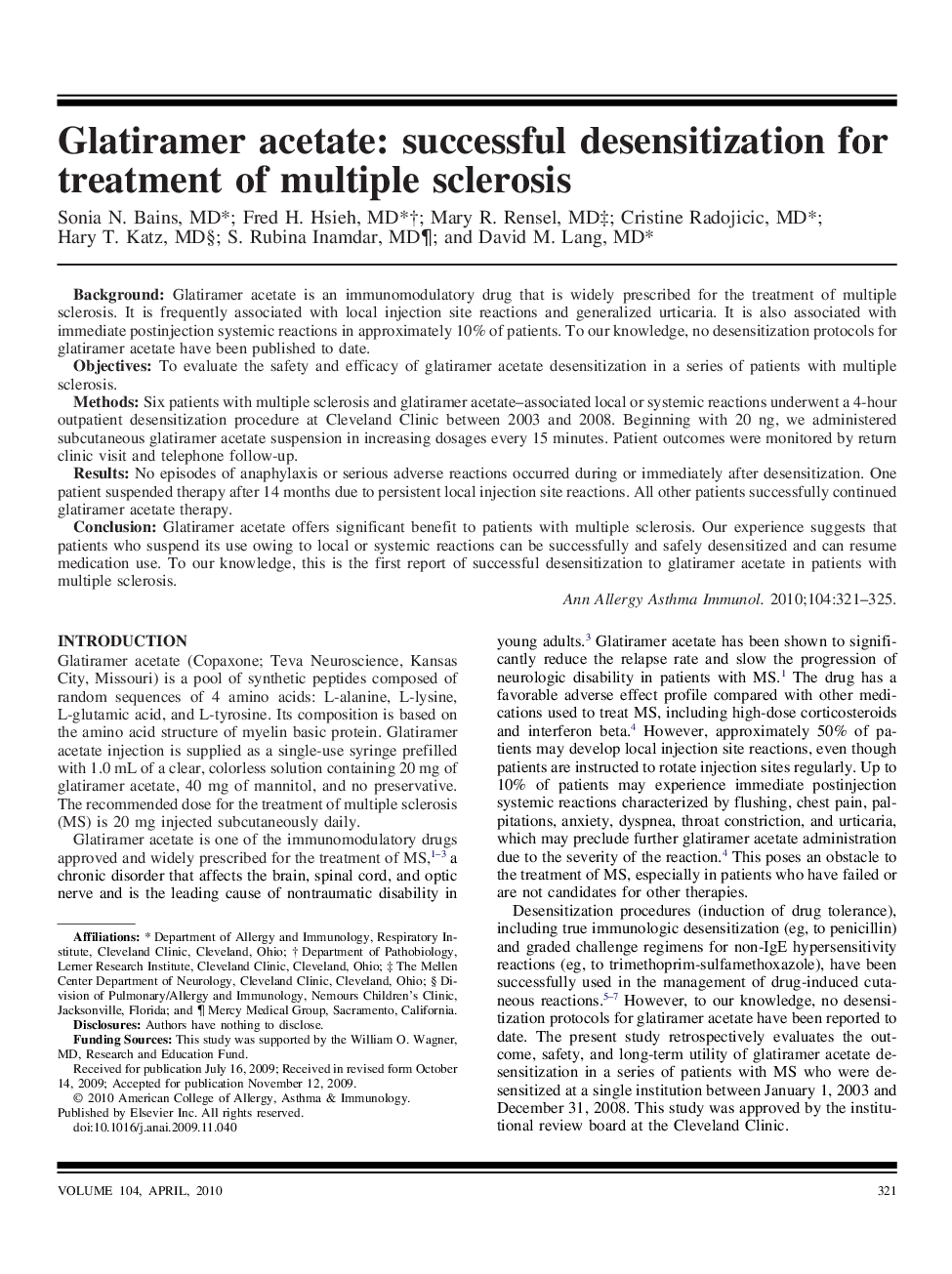 Glatiramer acetate: successful desensitization for treatment of multiple sclerosis