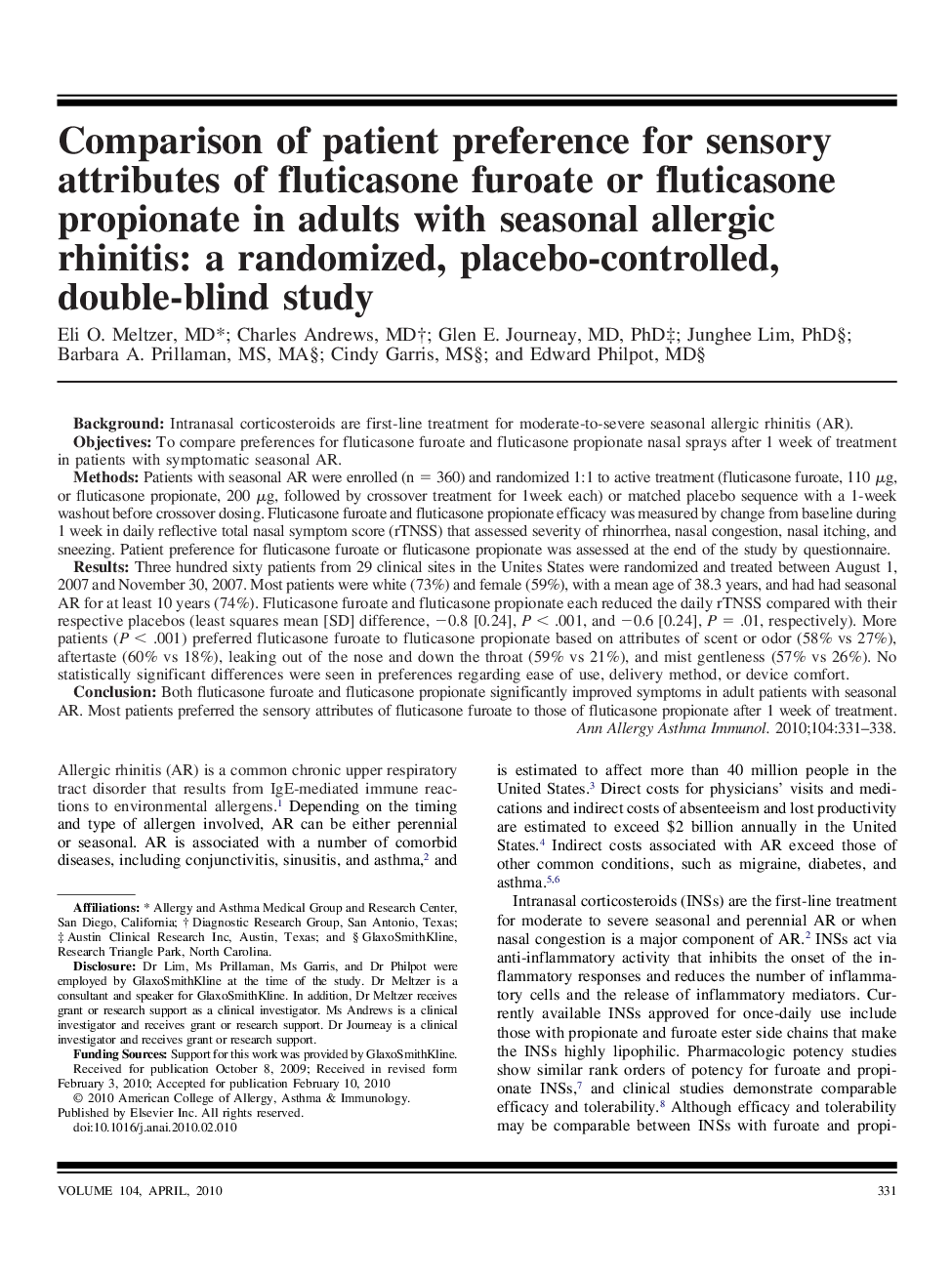 Comparison of patient preference for sensory attributes of fluticasone furoate or fluticasone propionate in adults with seasonal allergic rhinitis: a randomized, placebo-controlled, double-blind study