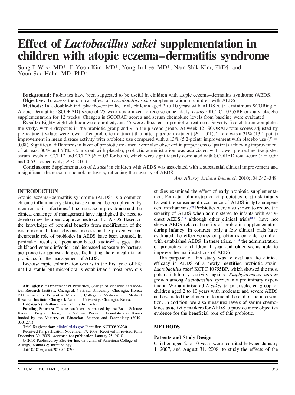Effect of Lactobacillus sakei supplementation in children with atopic eczema-dermatitis syndrome