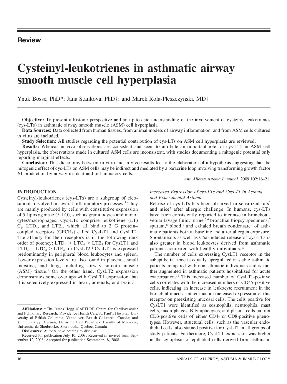 Cysteinyl-leukotrienes in asthmatic airway smooth muscle cell hyperplasia