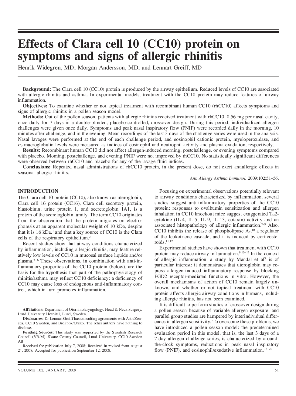 Effects of Clara cell 10 (CC10) protein on symptoms and signs of allergic rhinitis