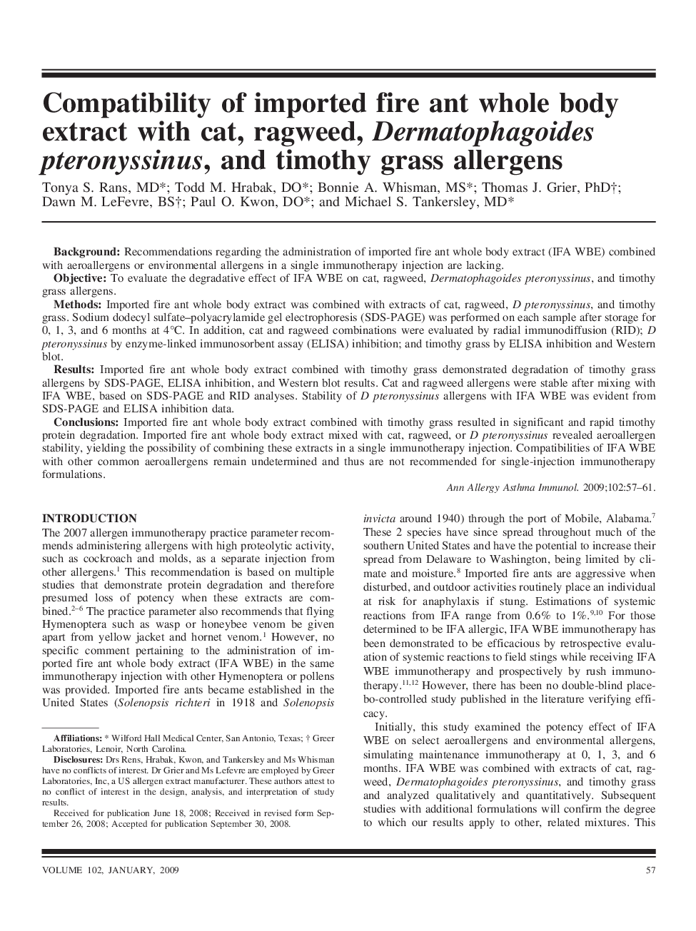 Compatibility of imported fire ant whole body extract with cat, ragweed, Dermatophagoides pteronyssinus, and timothy grass allergens