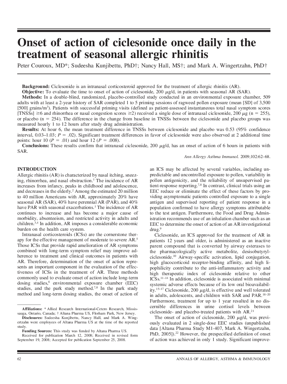 Onset of action of ciclesonide once daily in the treatment of seasonal allergic rhinitis