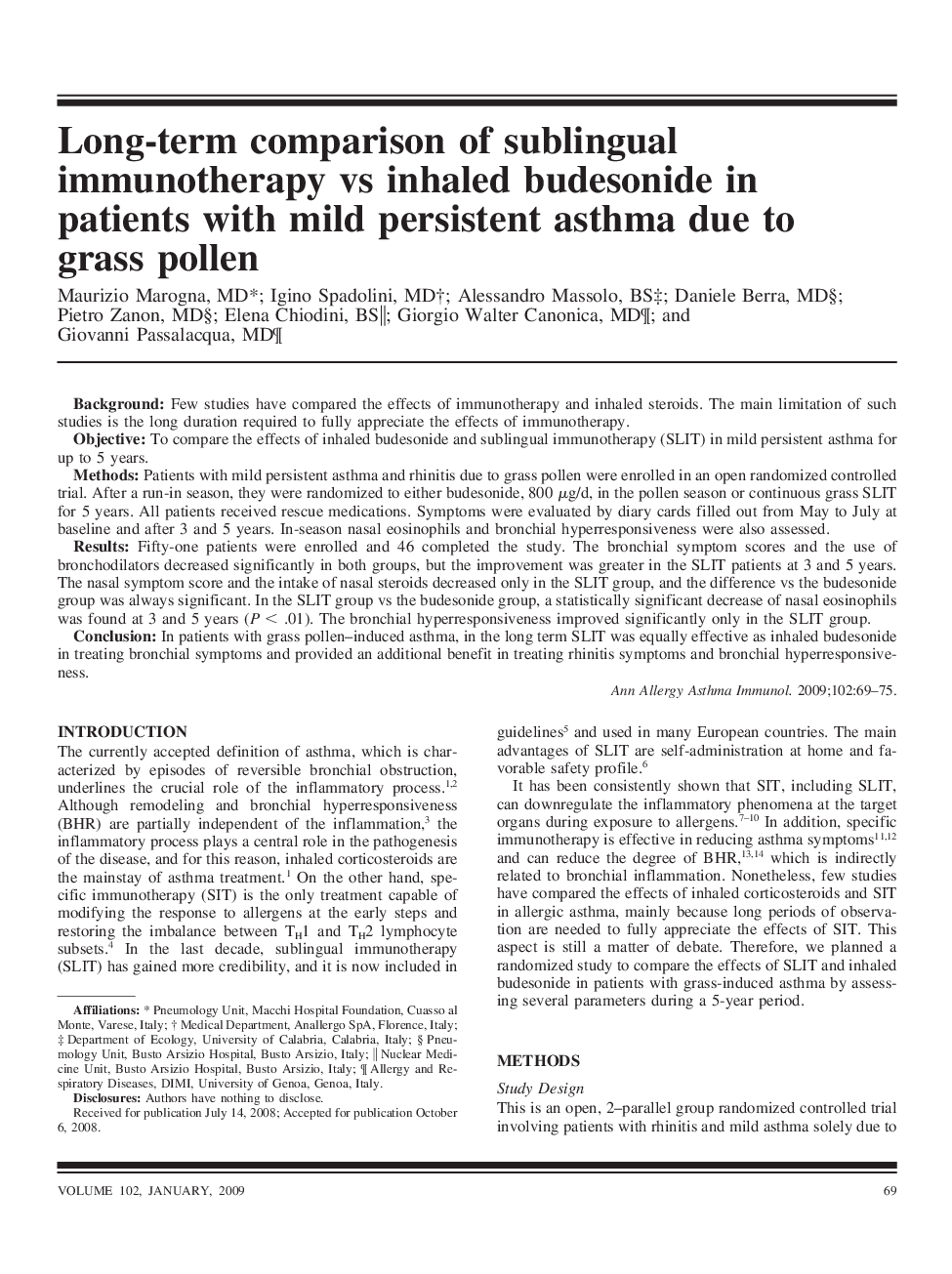 Long-term comparison of sublingual immunotherapy vs inhaled budesonide in patients with mild persistent asthma due tograss pollen 