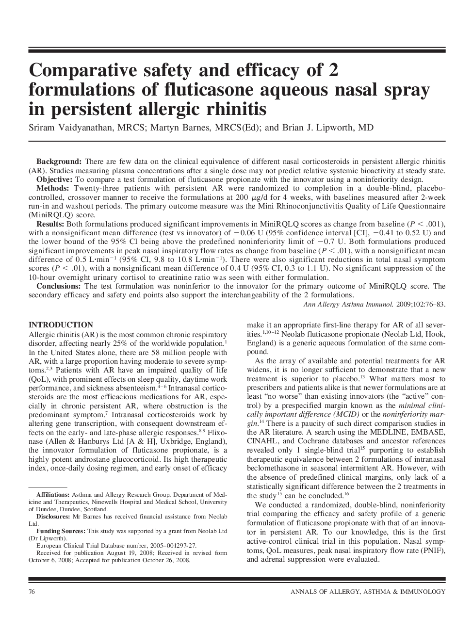Comparative safety and efficacy of 2 formulations of fluticasone aqueous nasal spray in persistent allergic rhinitis