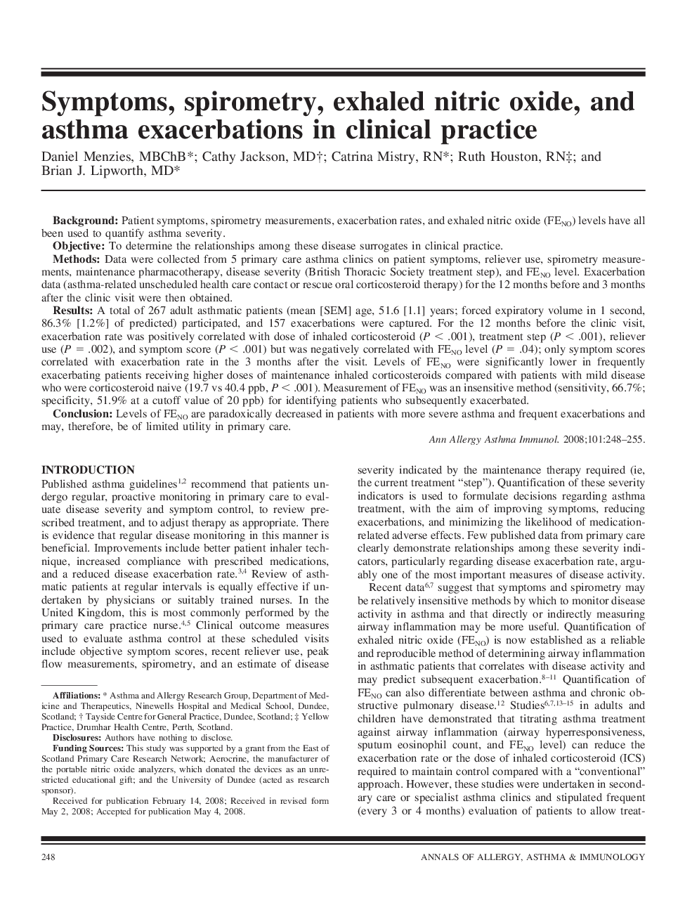 Symptoms, spirometry, exhaled nitric oxide, and asthma exacerbations in clinical practice