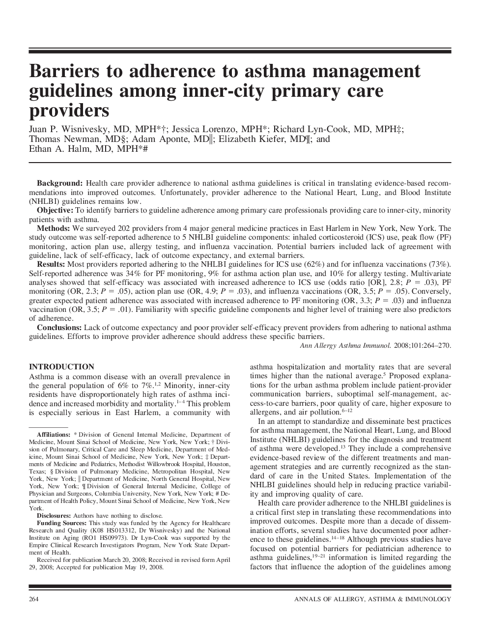Barriers to adherence to asthma management guidelines among inner-city primary care providers