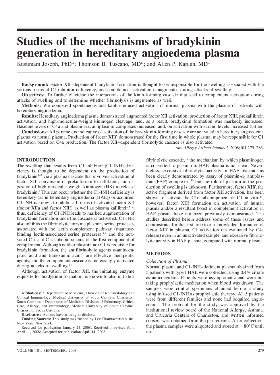 Studies of the mechanisms of bradykinin generation in hereditary angioedema plasma