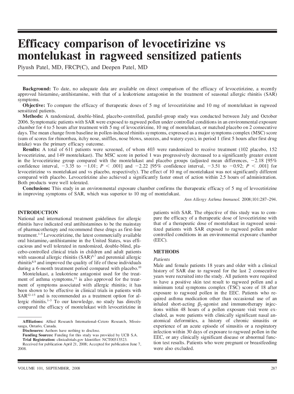 Efficacy comparison of levocetirizine vs montelukast in ragweed sensitized patients