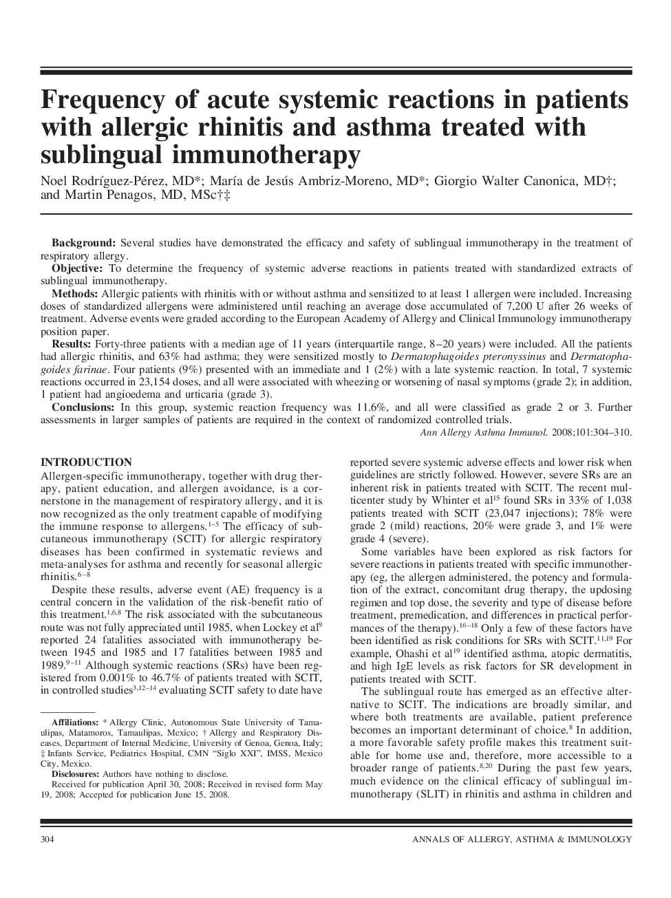 Frequency of acute systemic reactions in patients with allergic rhinitis and asthma treated with sublingual immunotherapy
