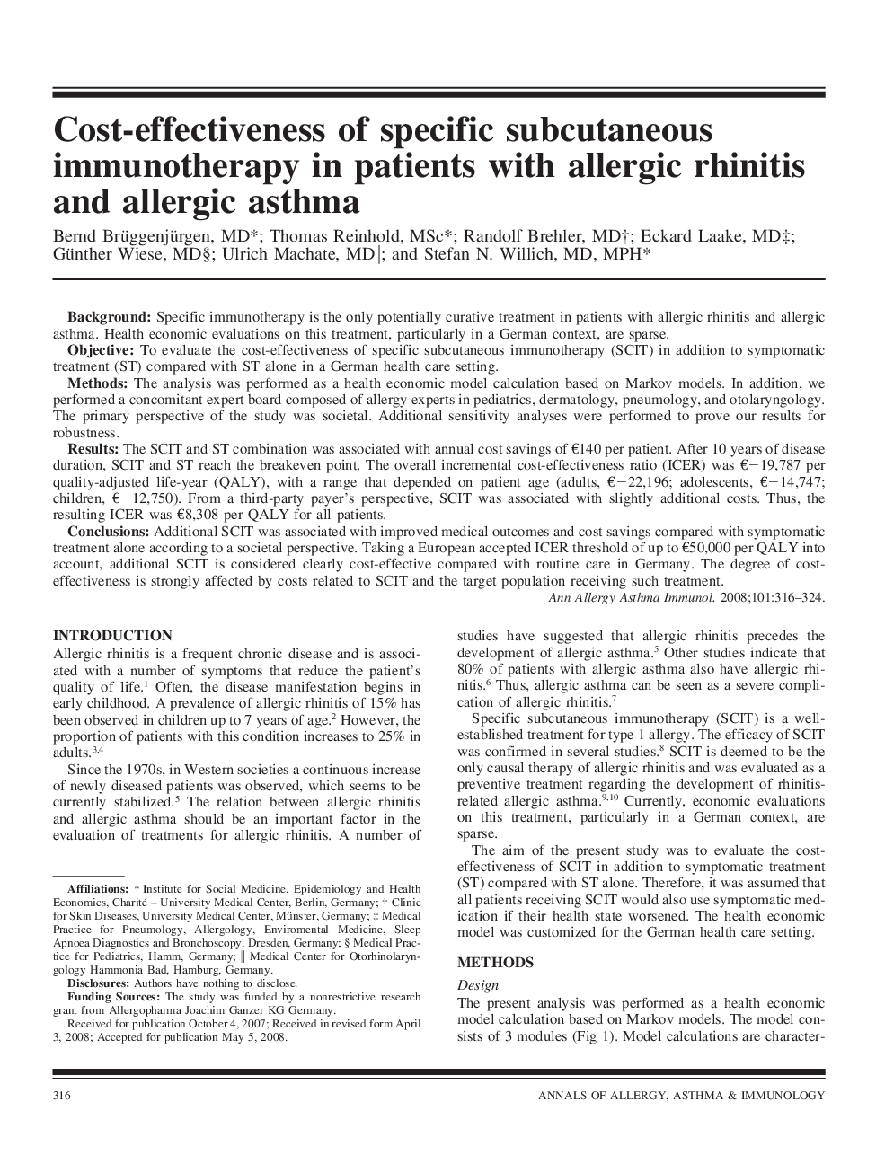 Cost-effectiveness of specific subcutaneous immunotherapy in patients with allergic rhinitis and allergic asthma