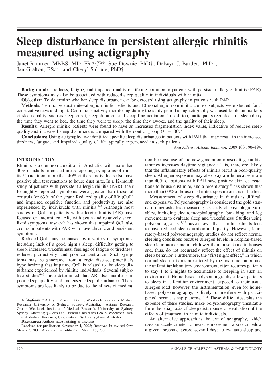 Sleep disturbance in persistent allergic rhinitis measured using actigraphy
