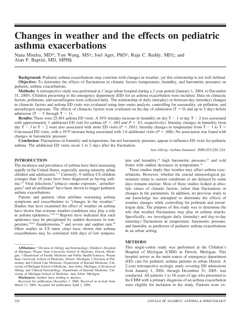 Changes in weather and the effects on pediatric asthma exacerbations