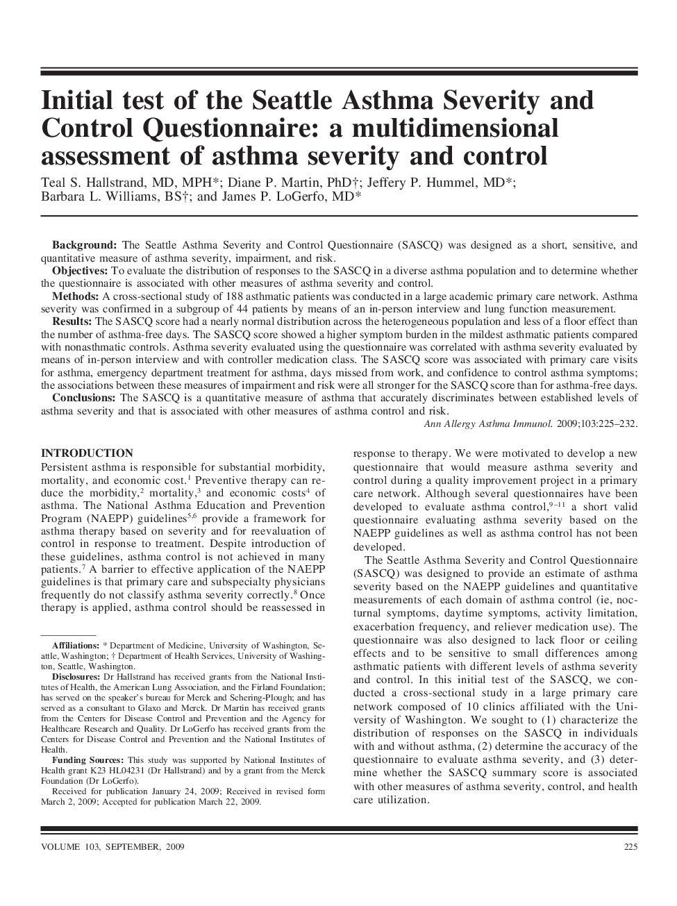 Initial test of the Seattle Asthma Severity and Control Questionnaire: a multidimensional assessment of asthma severity and control