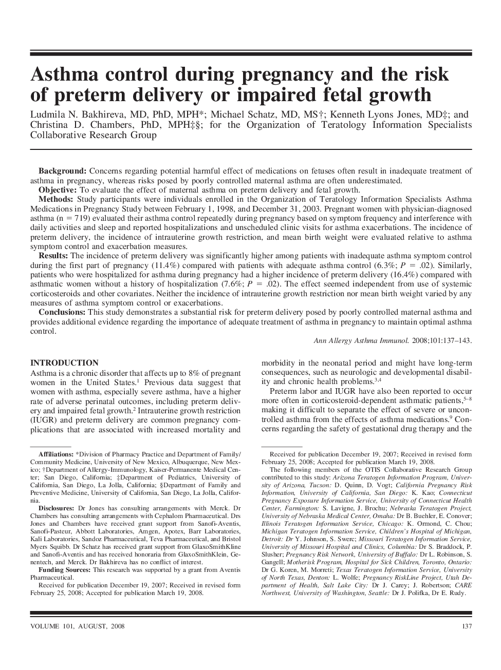 Asthma control during pregnancy and the risk of preterm delivery or impaired fetal growth