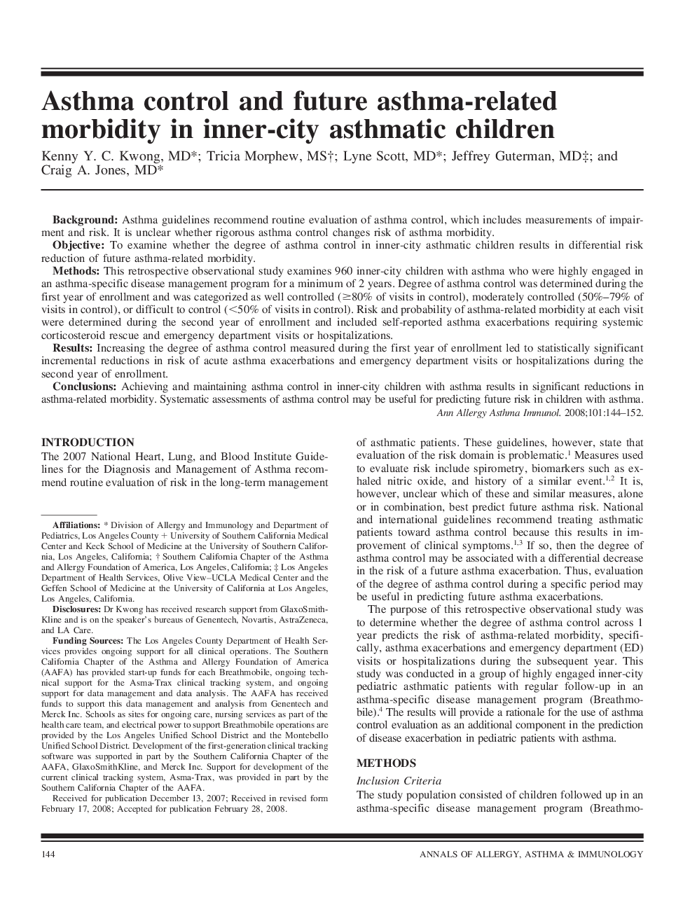Asthma control and future asthma-related morbidity in inner-city asthmatic children