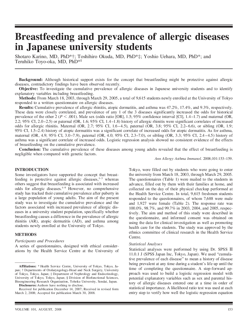 Breastfeeding and prevalence of allergic diseases in Japanese university students