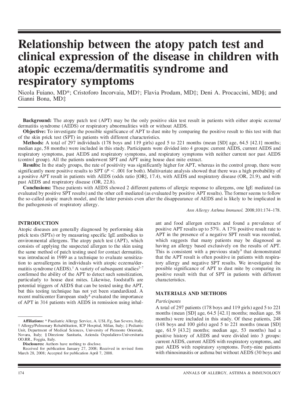 Relationship between the atopy patch test and clinical expression of the disease in children with atopic eczema/dermatitis syndrome and respiratory symptoms