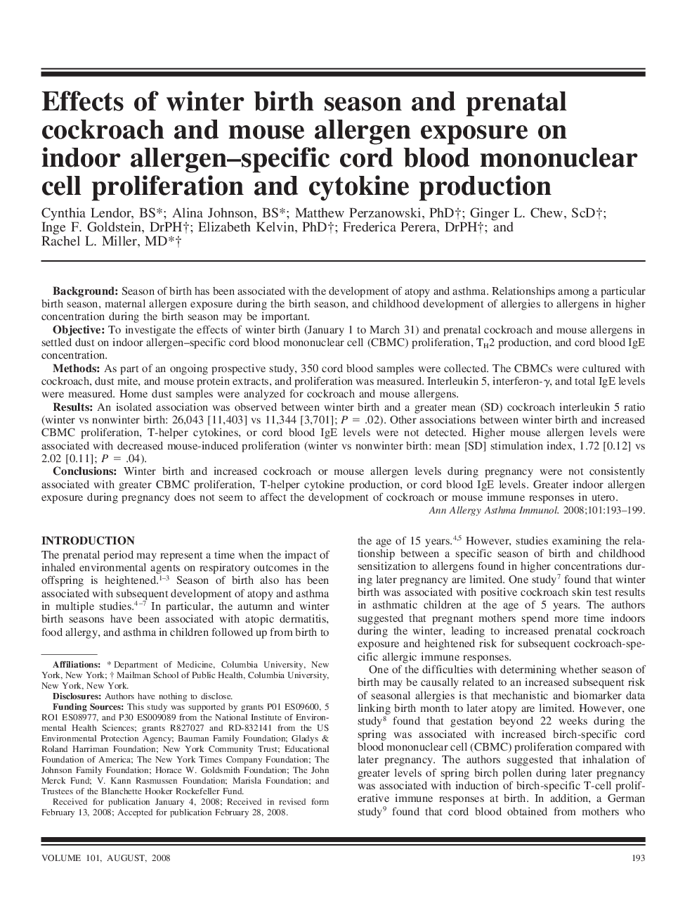 Effects of winter birth season and prenatal cockroach and mouse allergen exposure on indoor allergen-specific cord blood mononuclear cell proliferation and cytokine production