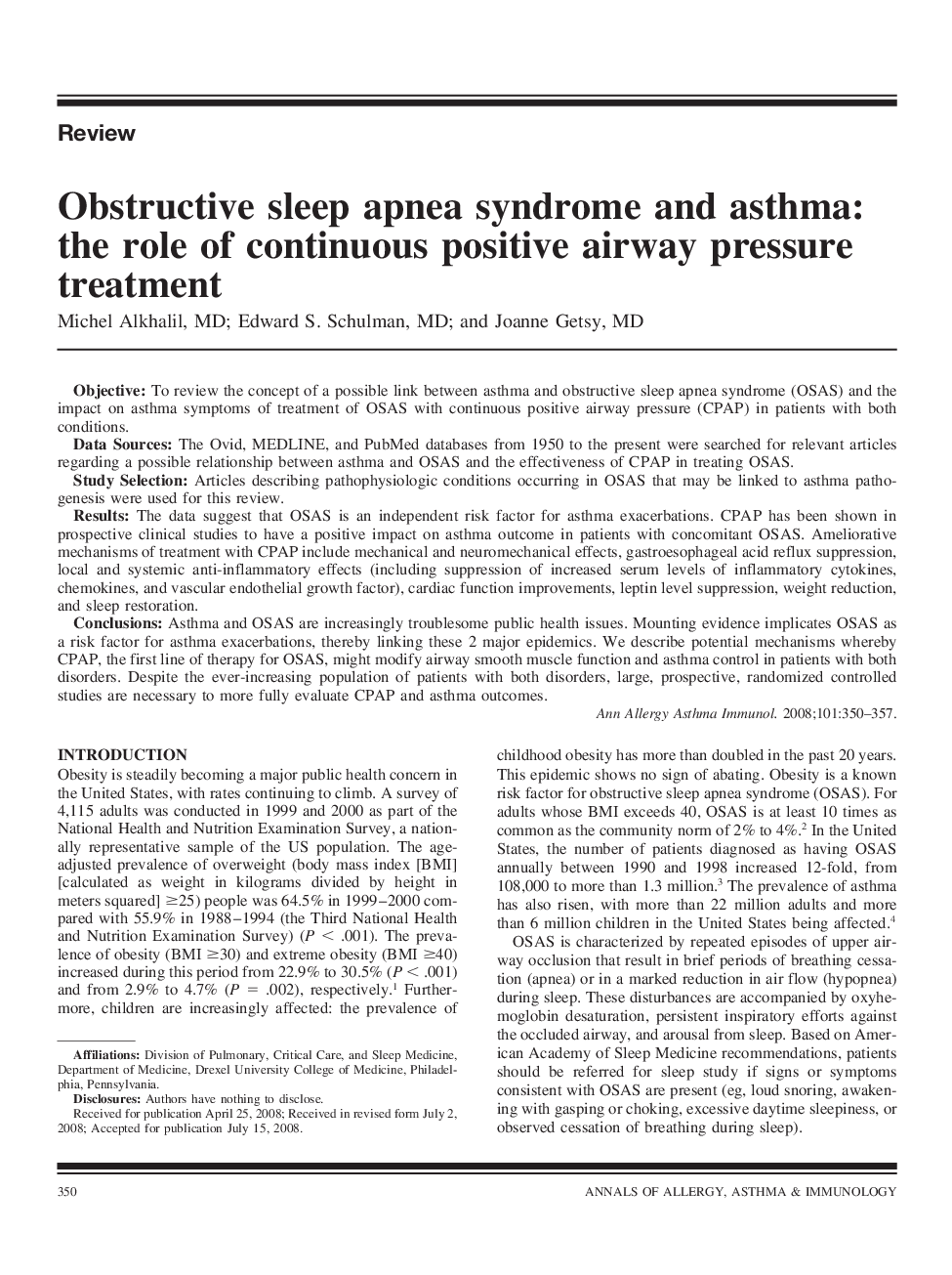 Obstructive sleep apnea syndrome and asthma: the role of continuous positive airway pressure treatment
