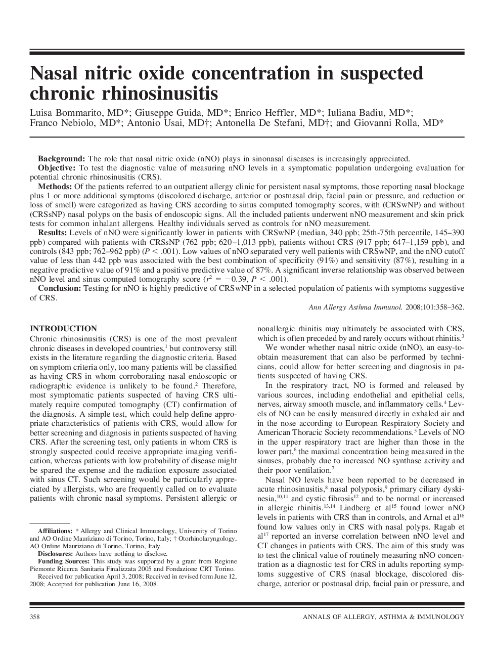 Nasal nitric oxide concentration in suspected chronic rhinosinusitis
