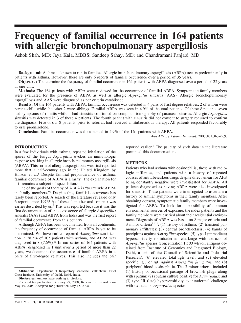 Frequency of familial occurrence in 164 patients with allergic bronchopulmonary aspergillosis