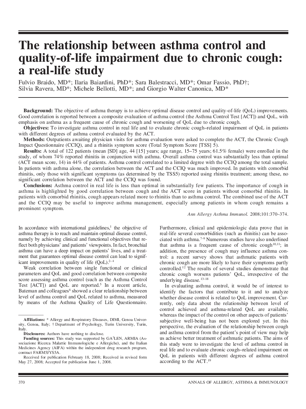 The relationship between asthma control and quality-of-life impairment due to chronic cough: a real-life study
