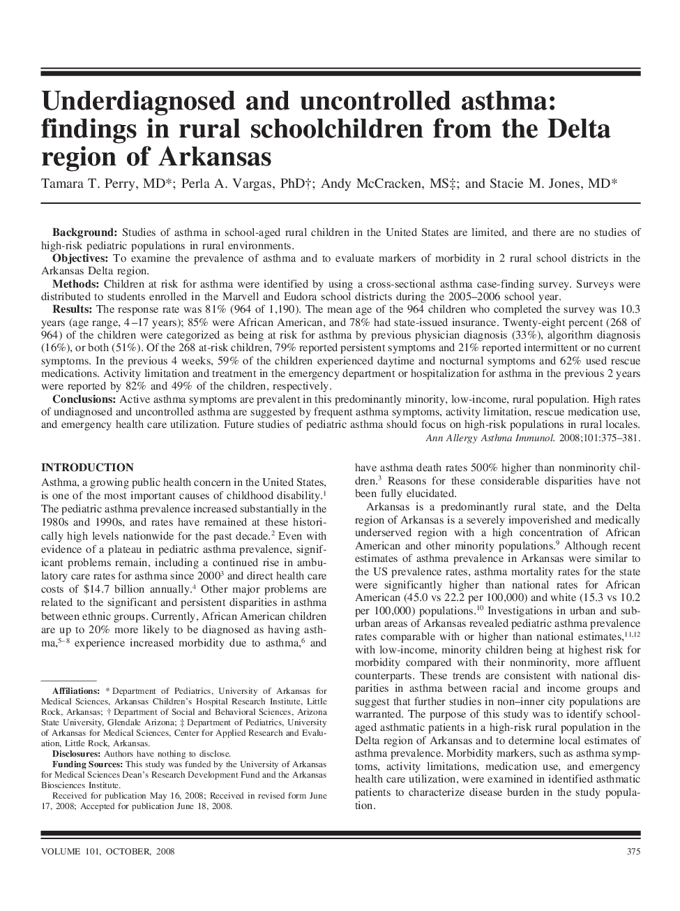 Underdiagnosed and uncontrolled asthma: findings in rural schoolchildren from the Delta region of Arkansas