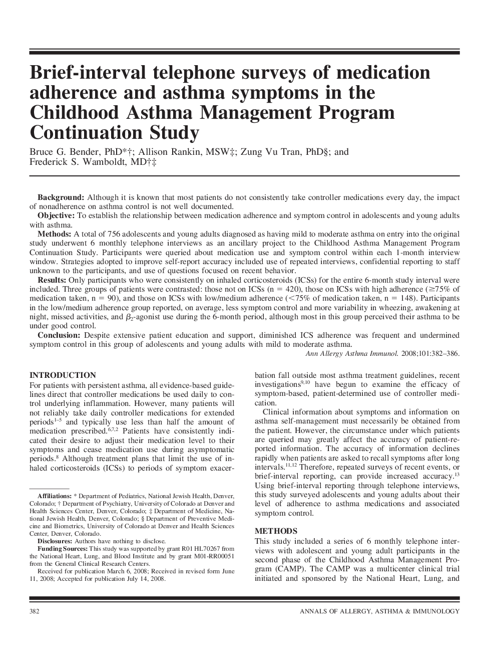 Brief-interval telephone surveys of medication adherence and asthma symptoms in the Childhood Asthma Management Program Continuation Study