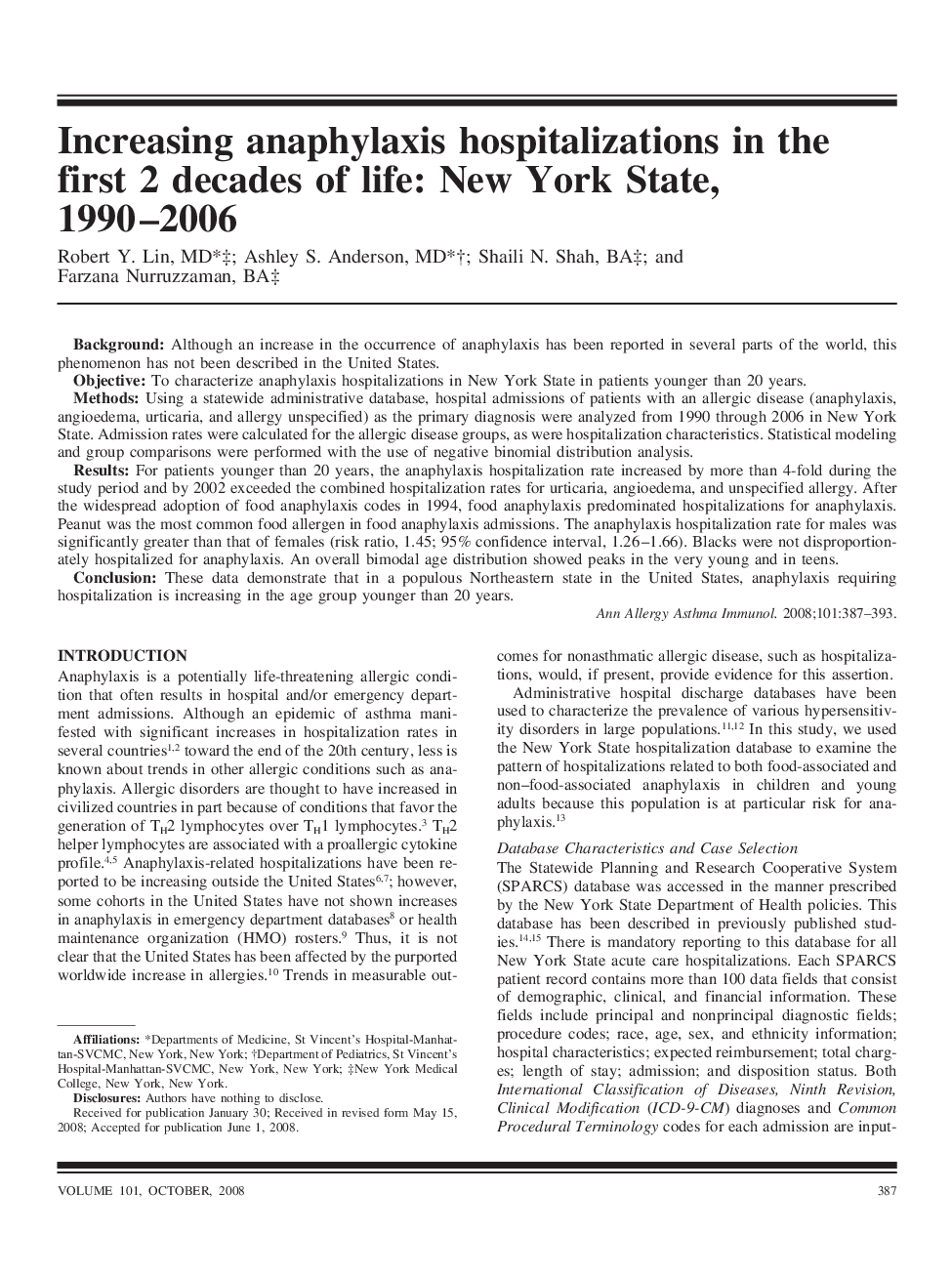 Increasing anaphylaxis hospitalizations in the first 2 decades of life: New York State, 1990-2006
