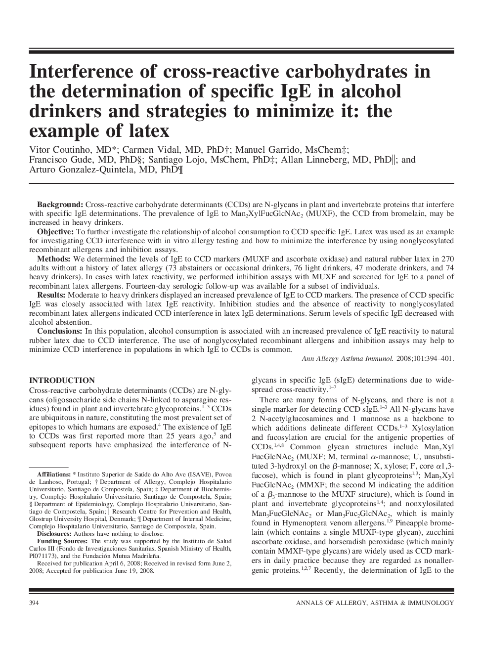 Interference of cross-reactive carbohydrates in the determination of specific IgE in alcohol drinkers and strategies to minimize it: the example of latex