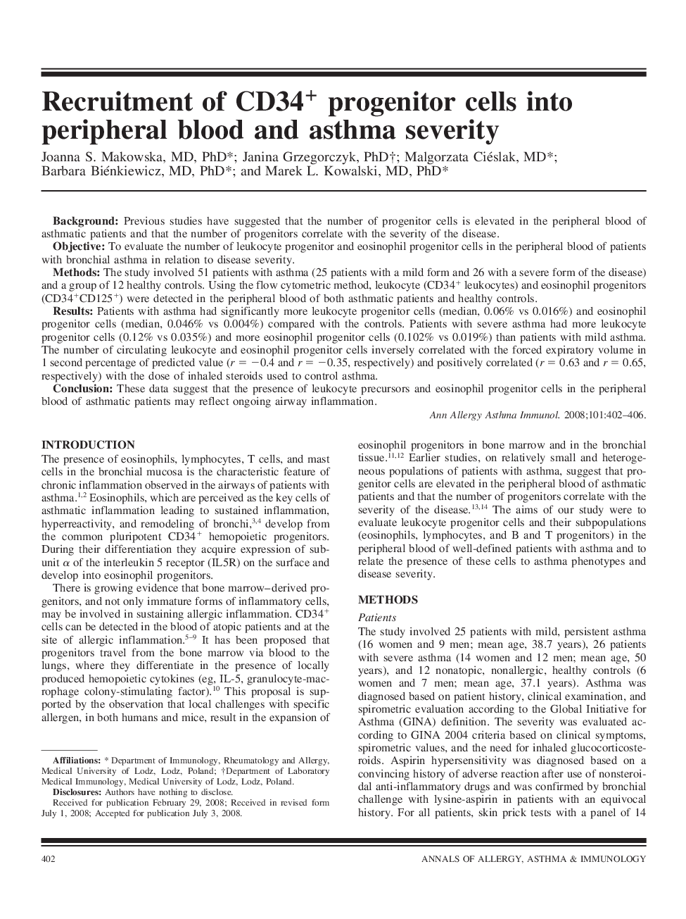 Recruitment of CD34+ progenitor cells into peripheral blood and asthma severity