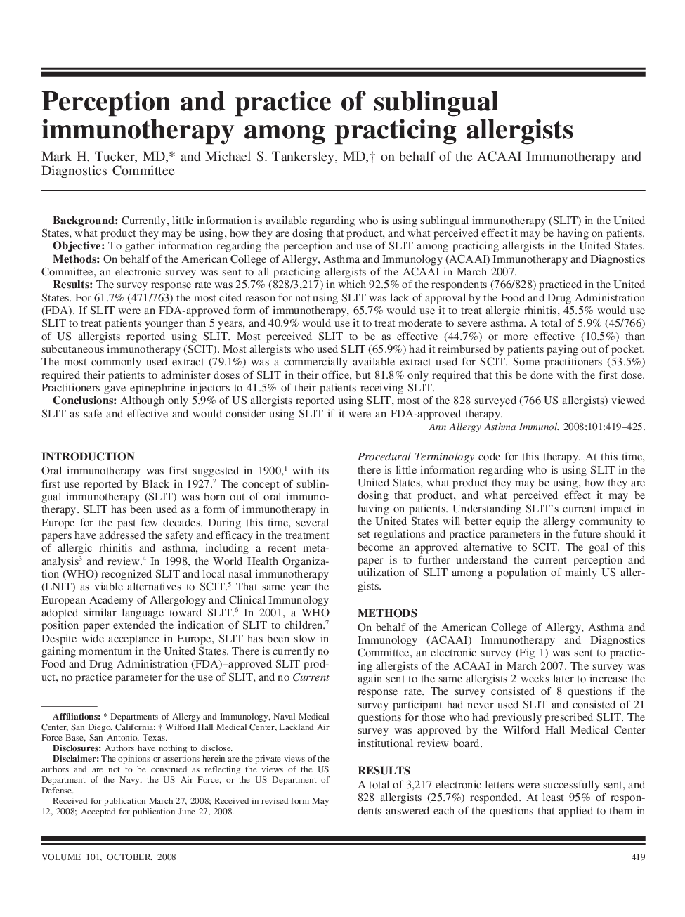 Perception and practice of sublingual immunotherapy among practicing allergists