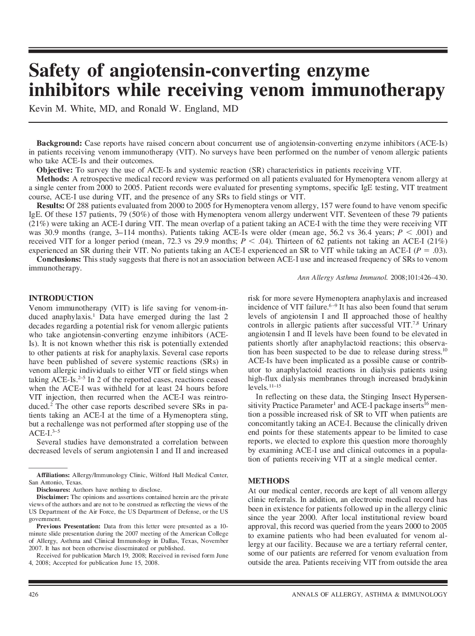 Safety of angiotensin-converting enzyme inhibitors while receiving venom immunotherapy