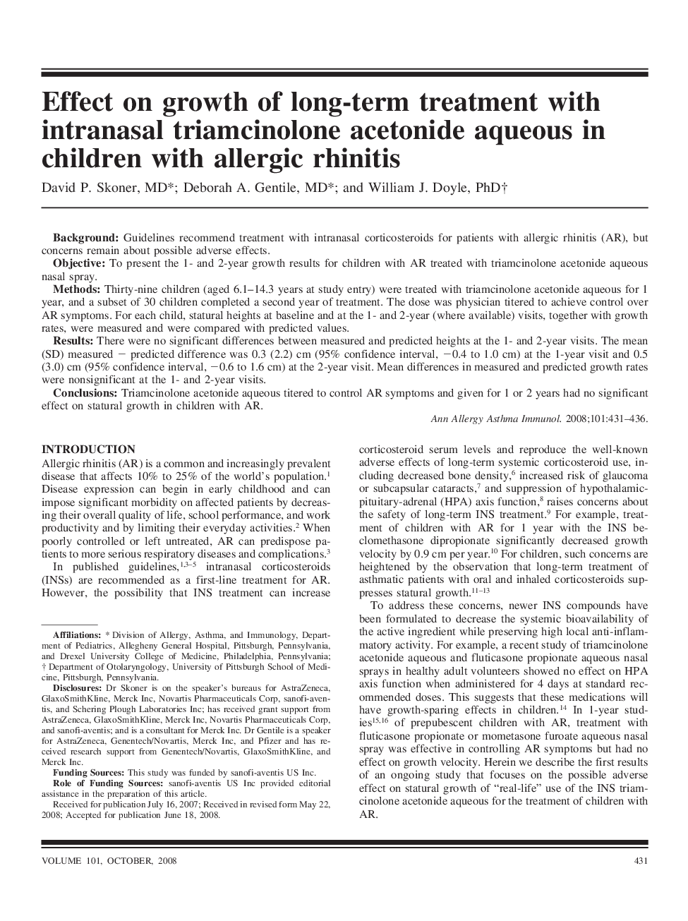 Effect on growth of long-term treatment with intranasal triamcinolone acetonide aqueous in children with allergic rhinitis