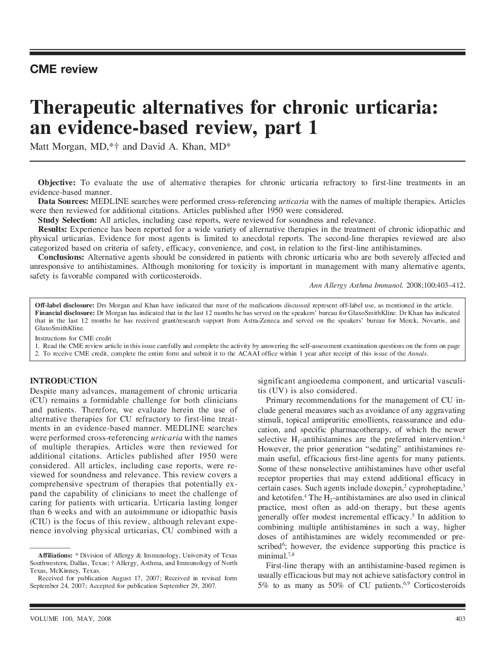 Therapeutic alternatives for chronic urticaria: an evidence-based review, part 1