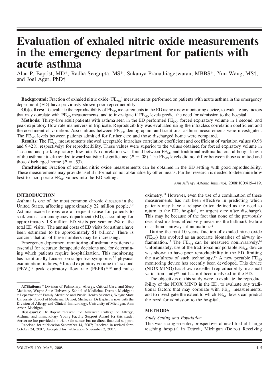 Evaluation of exhaled nitric oxide measurements in the emergency department for patients with acute asthma
