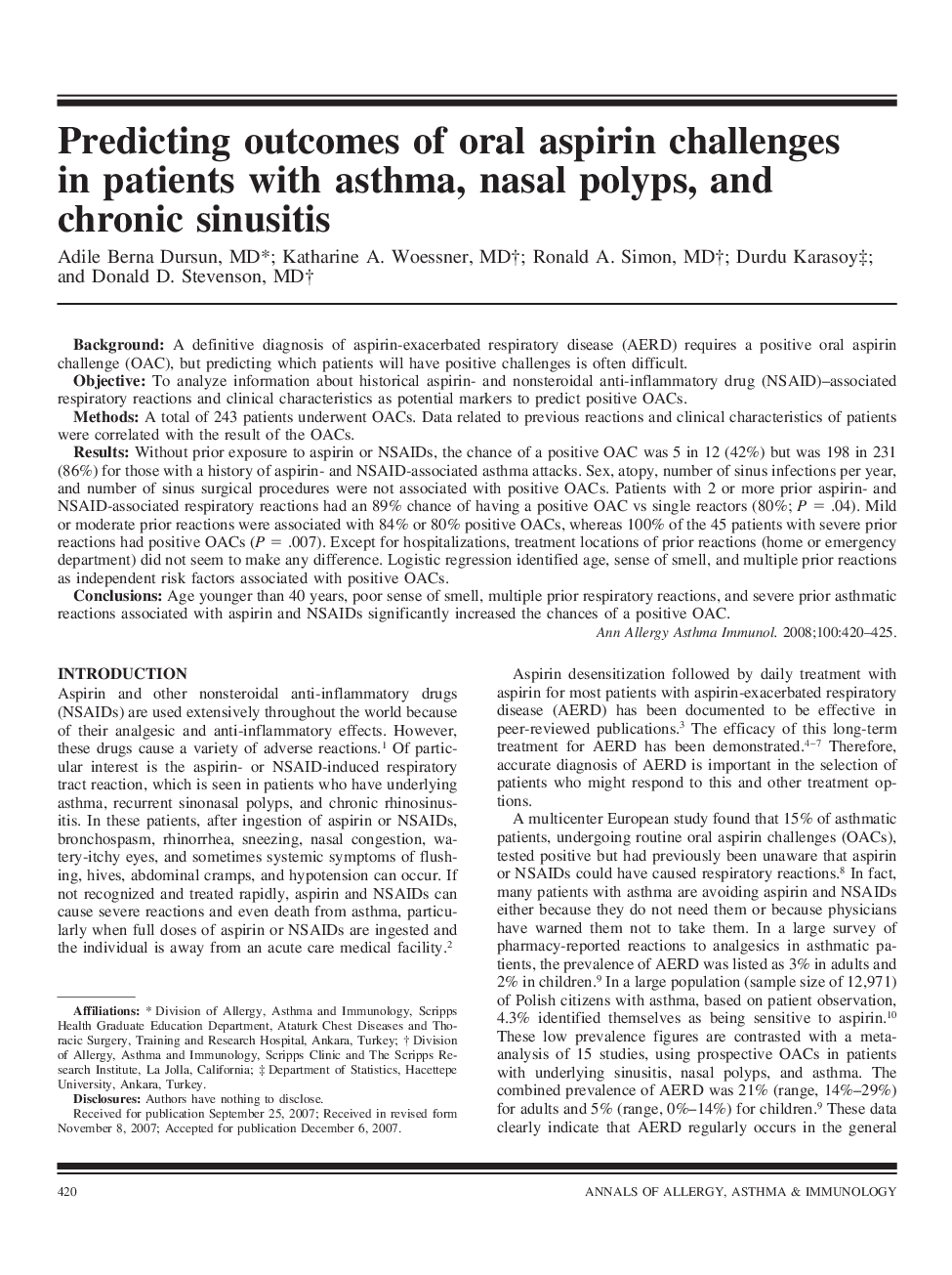 Predicting outcomes of oral aspirin challengesin patients with asthma, nasal polyps, andchronic sinusitis