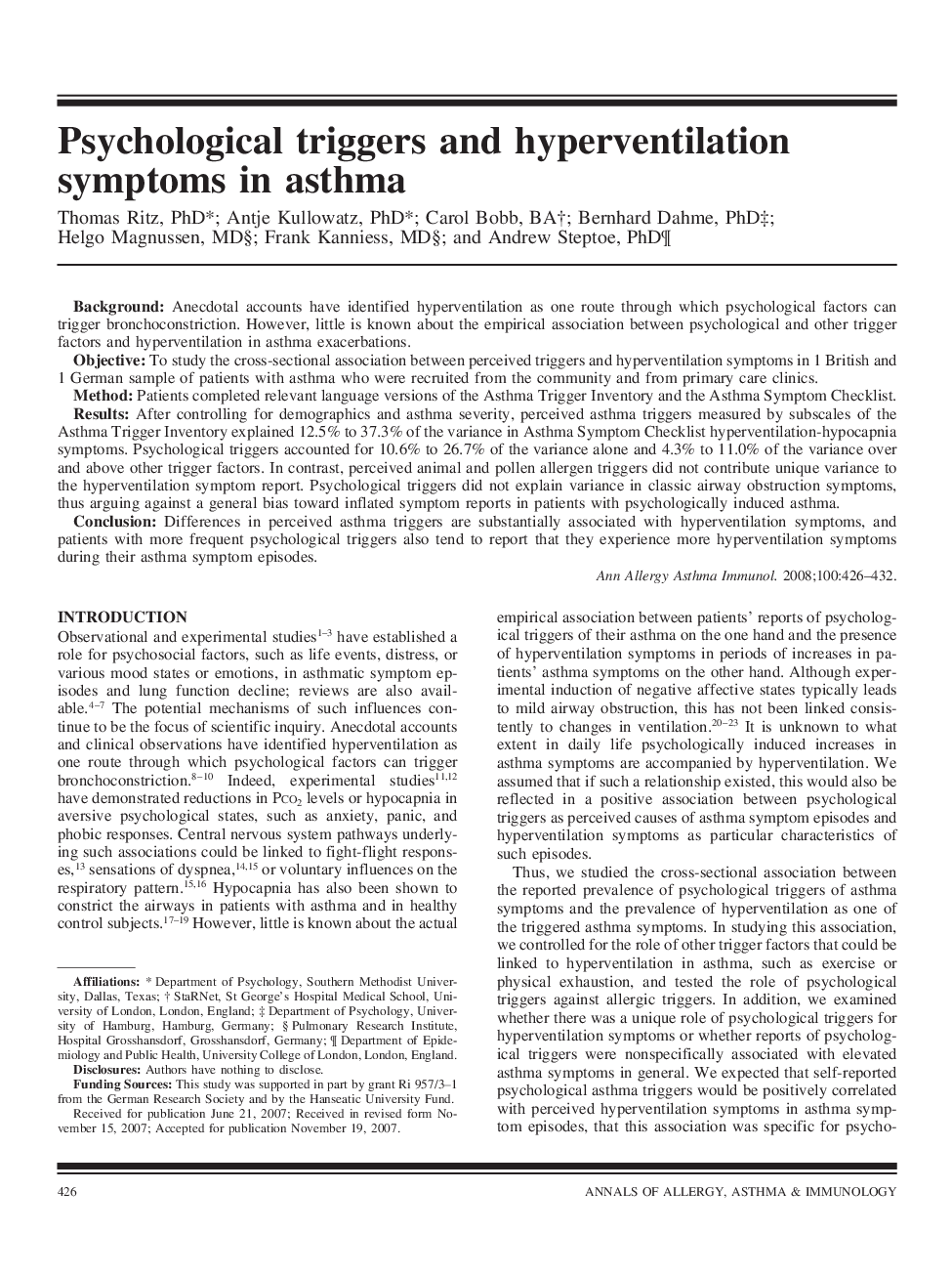 Psychological triggers and hyperventilation symptoms in asthma