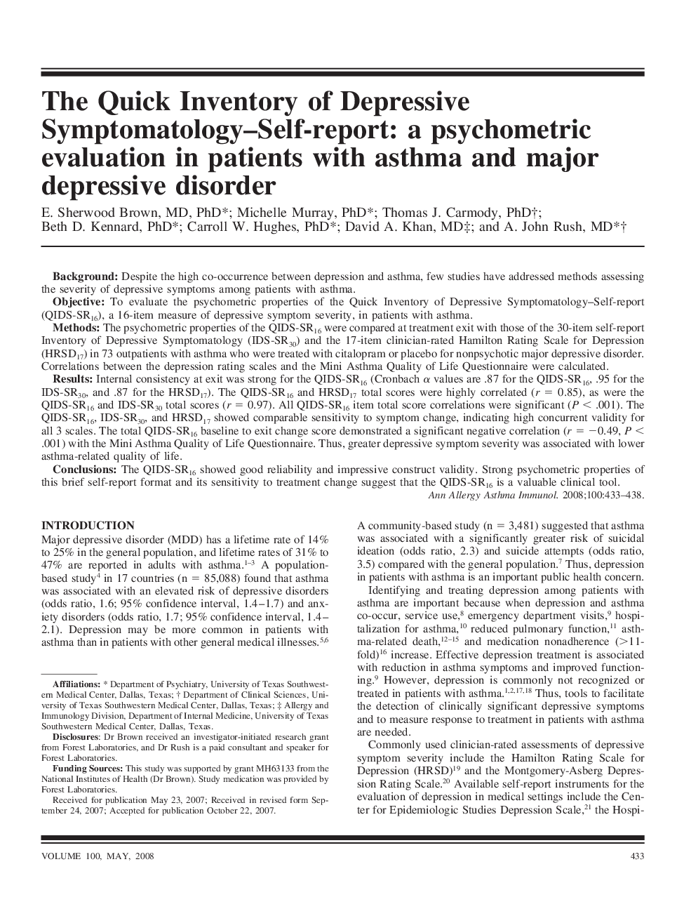 The Quick Inventory of Depressive Symptomatology-Self-report: a psychometric evaluation in patients with asthma and major depressive disorder