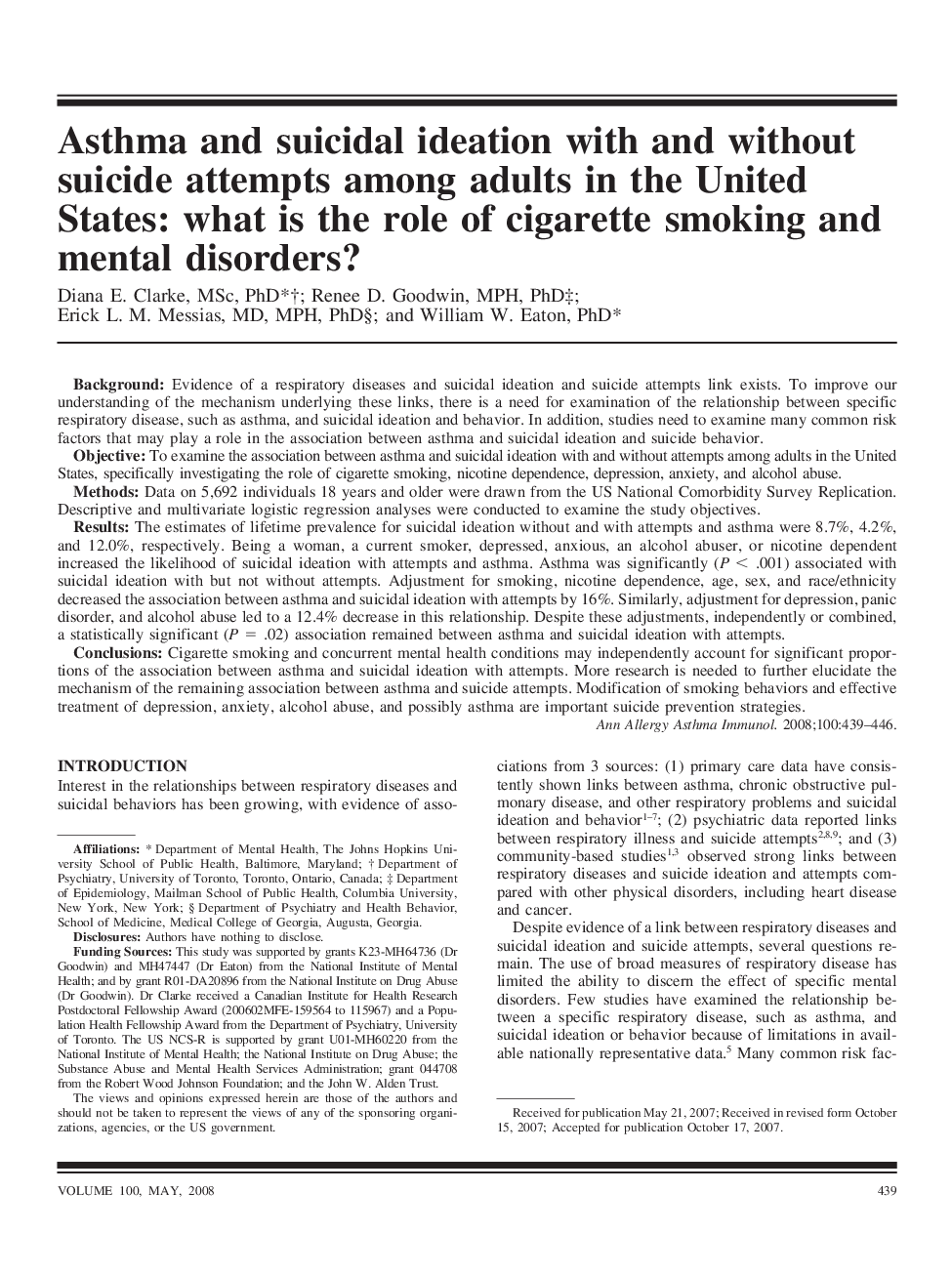 Asthma and suicidal ideation with and without suicide attempts among adults in the United States: what is the role of cigarette smoking and mental disorders?