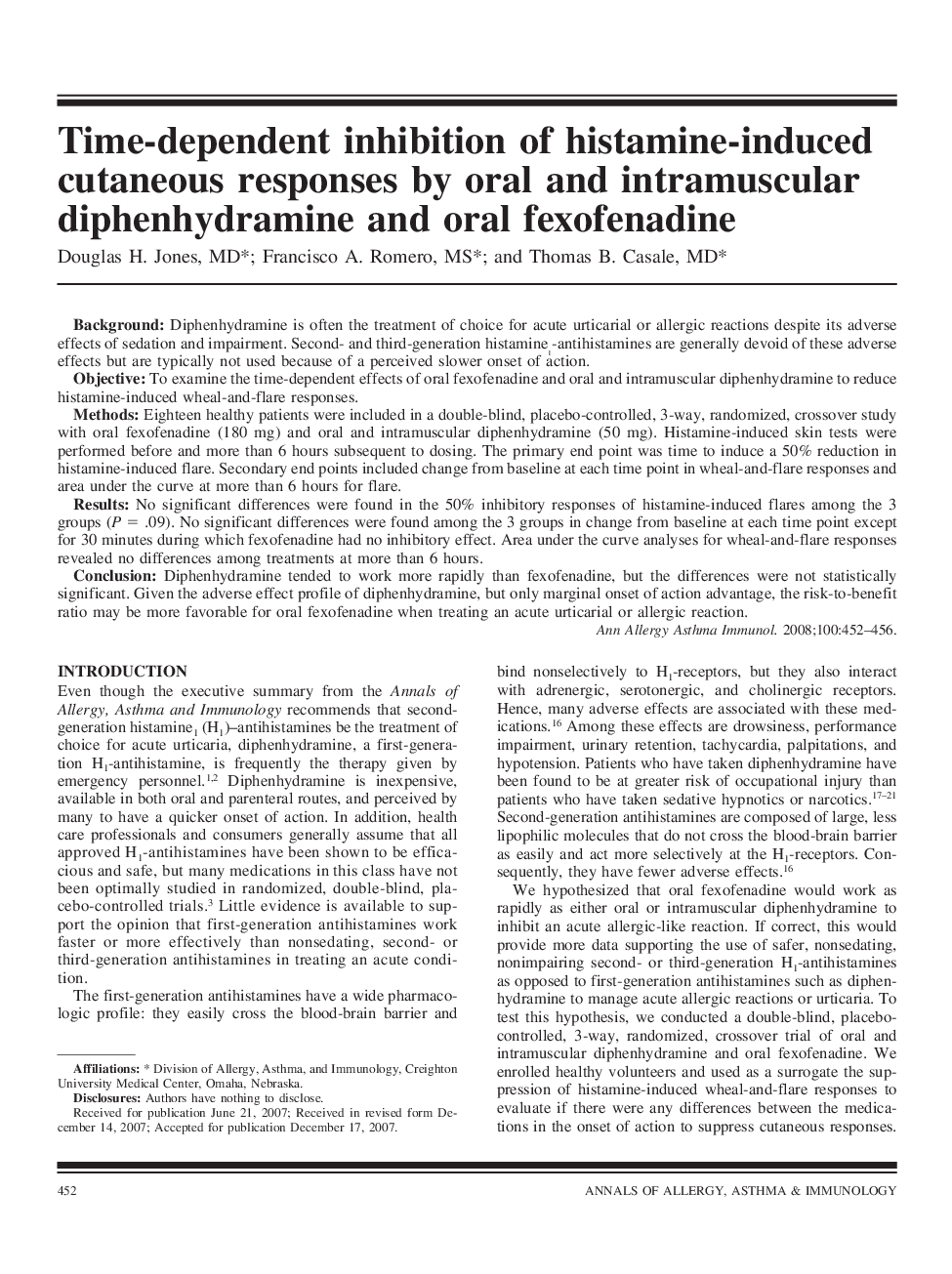 Time-dependent inhibition of histamine-induced cutaneous responses by oral and intramuscular diphenhydramine and oral fexofenadine