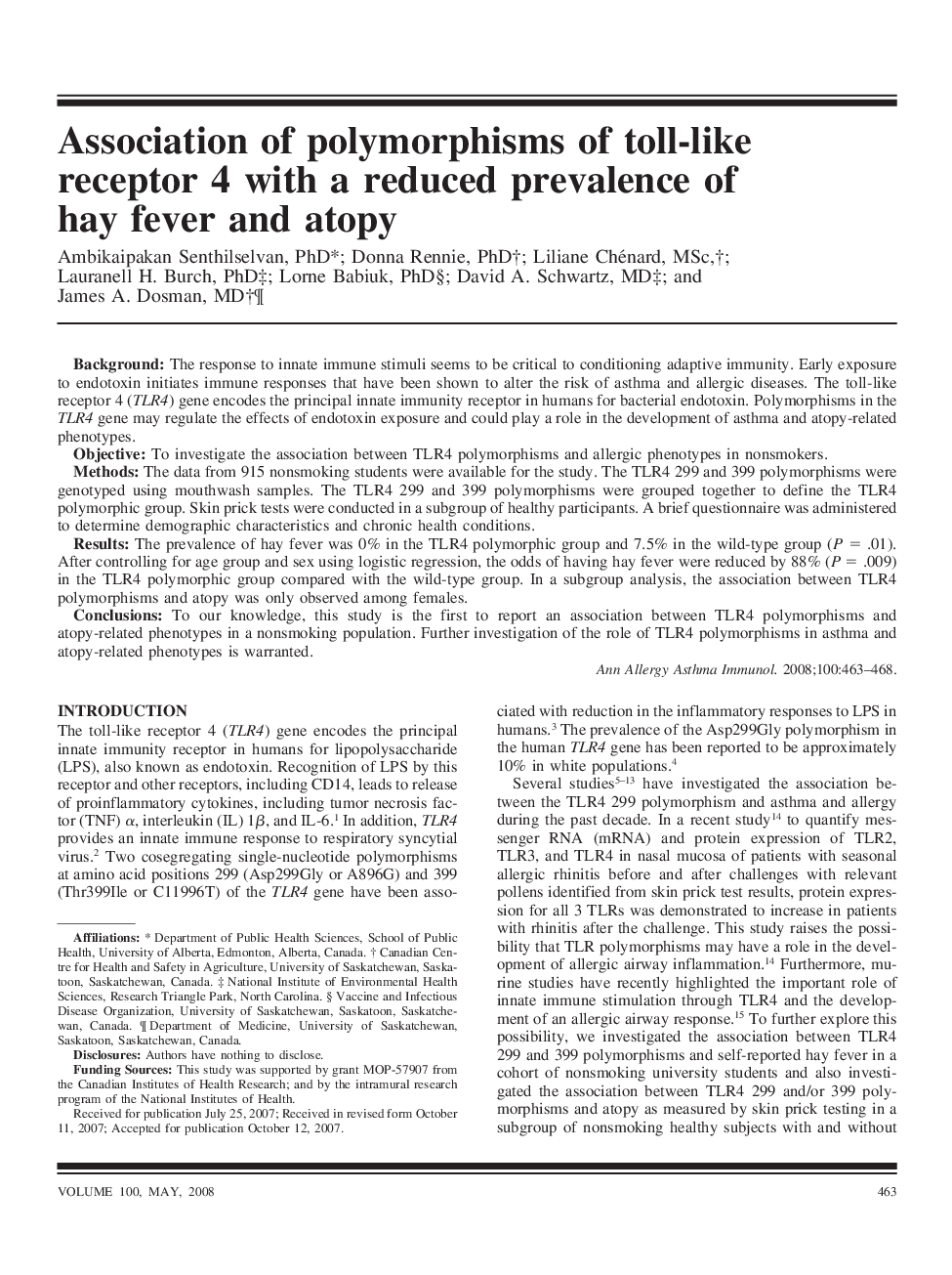 Association of polymorphisms of toll-like receptor 4 with a reduced prevalence of hay fever and atopy