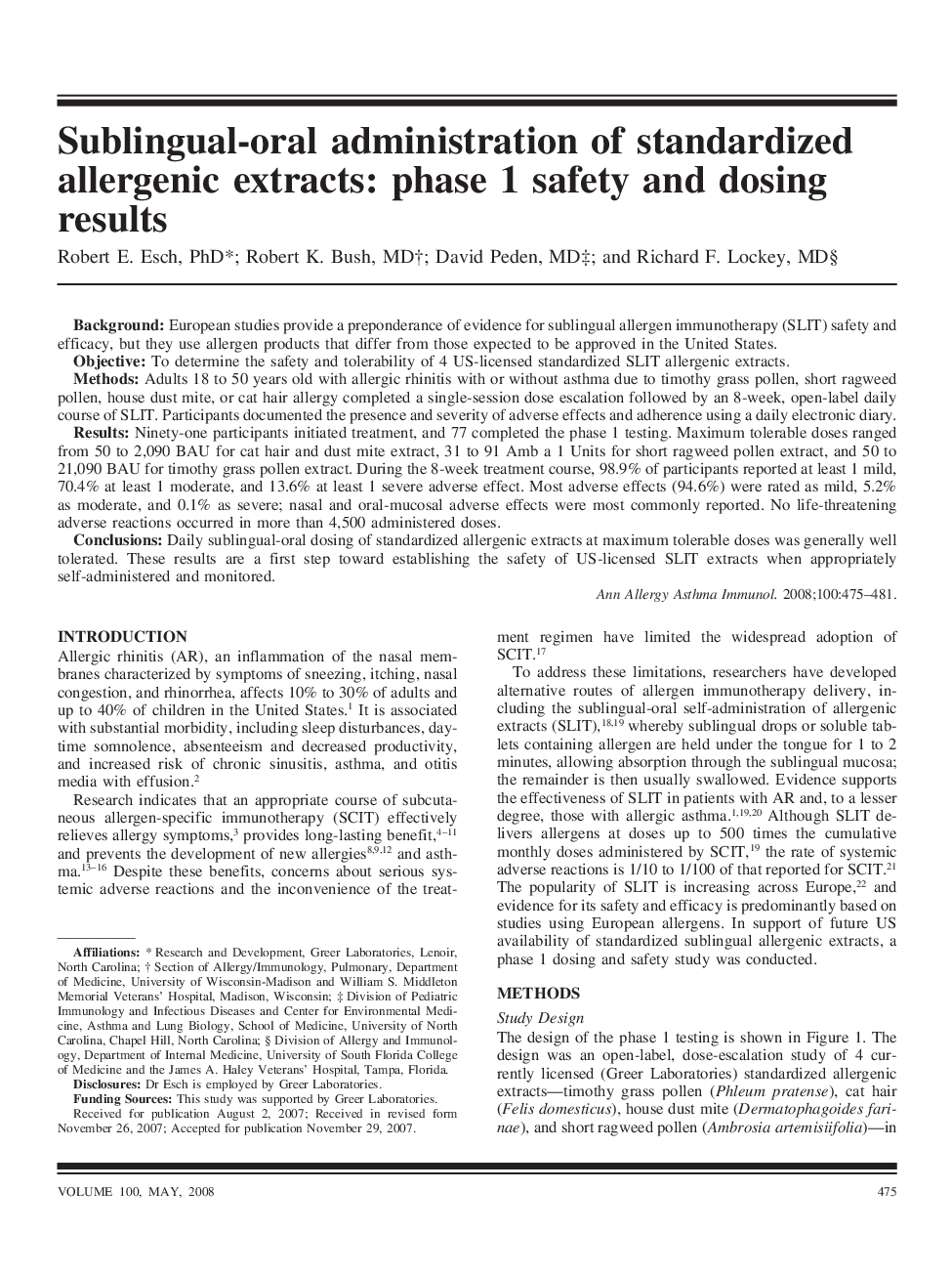 Sublingual-oral administration of standardized allergenic extracts: phase 1 safety and dosing results