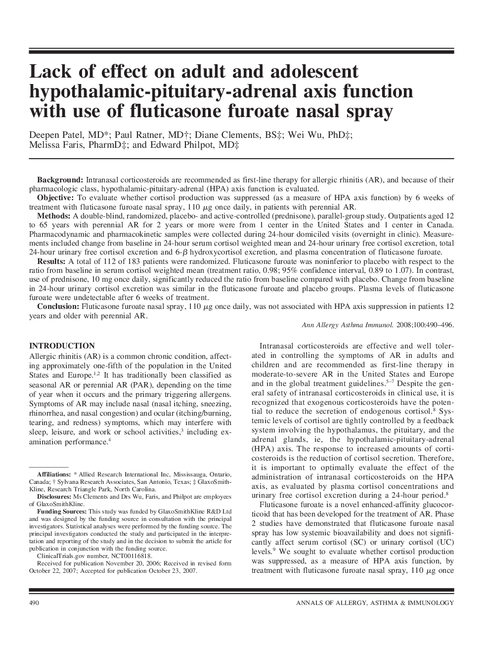 Lack of effect on adult and adolescent hypothalamic-pituitary-adrenal axis function with use of fluticasone furoate nasal spray